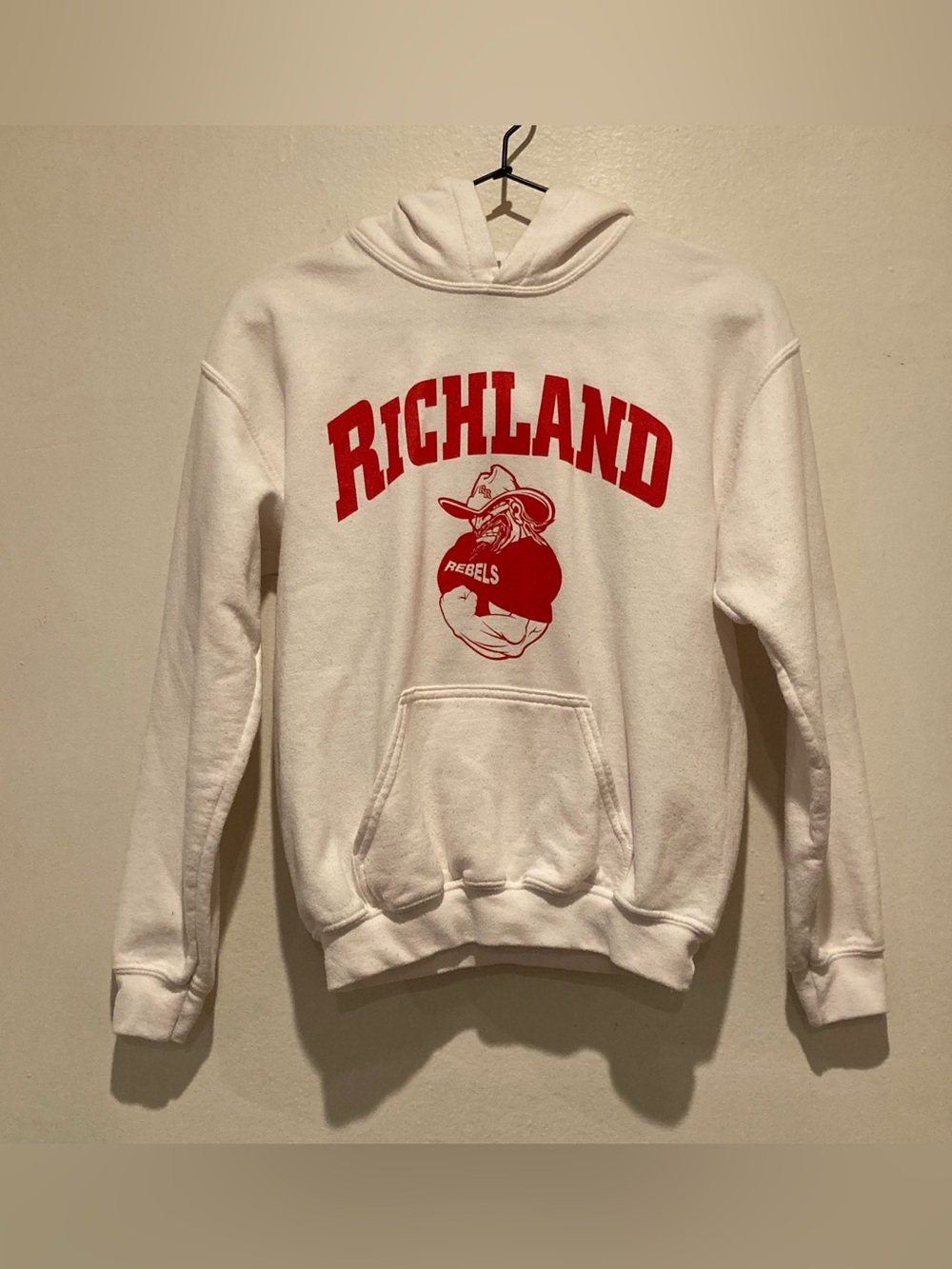 VTG Richland Rebels White Hoodie Sweatshirt - Red Logo